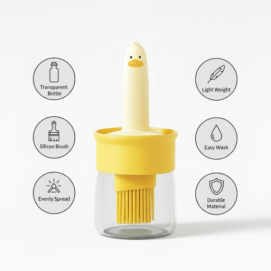 Product details of a kitchen brush with a duck design on a white background
