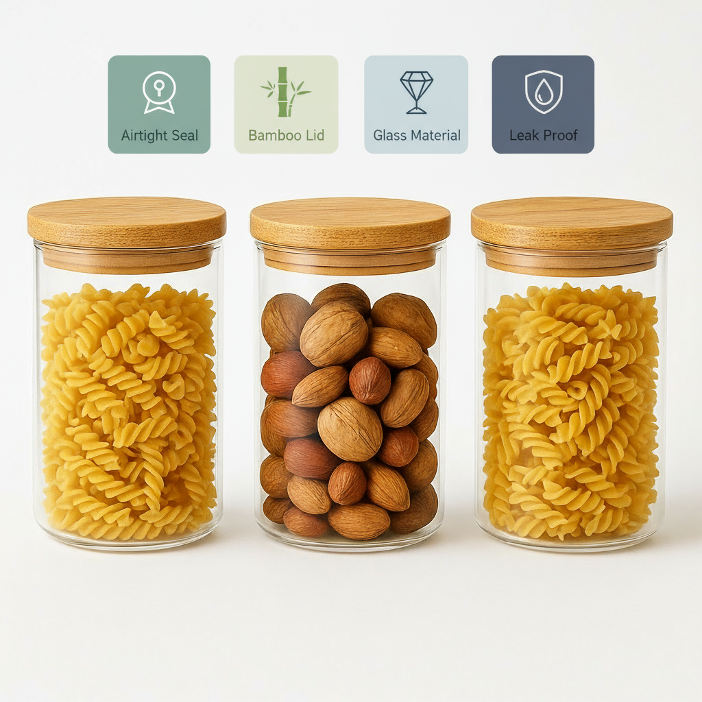Three glass jars with wooden lids, each containing different food items on a white background.