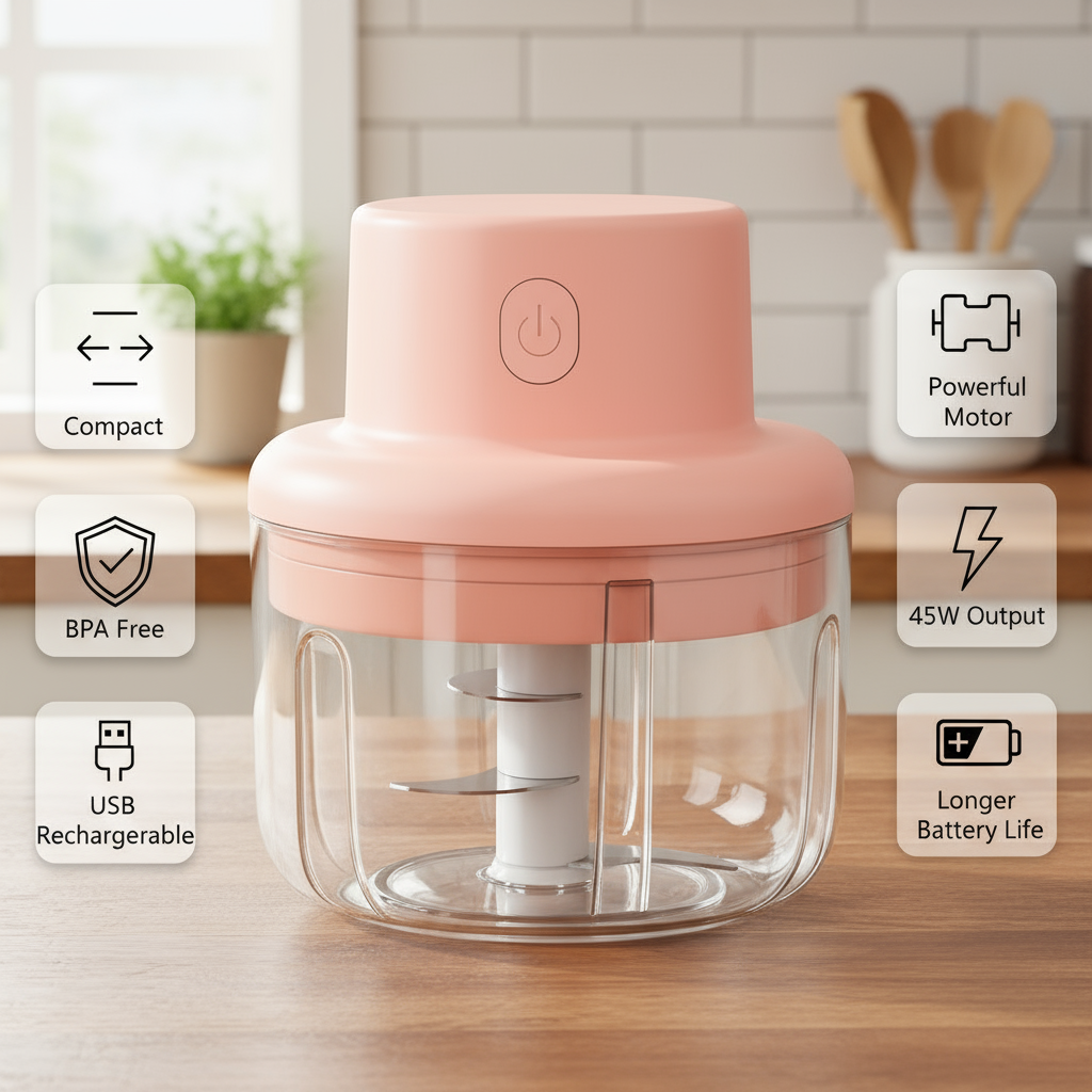 Pink handheld chopper with clear container on a white background